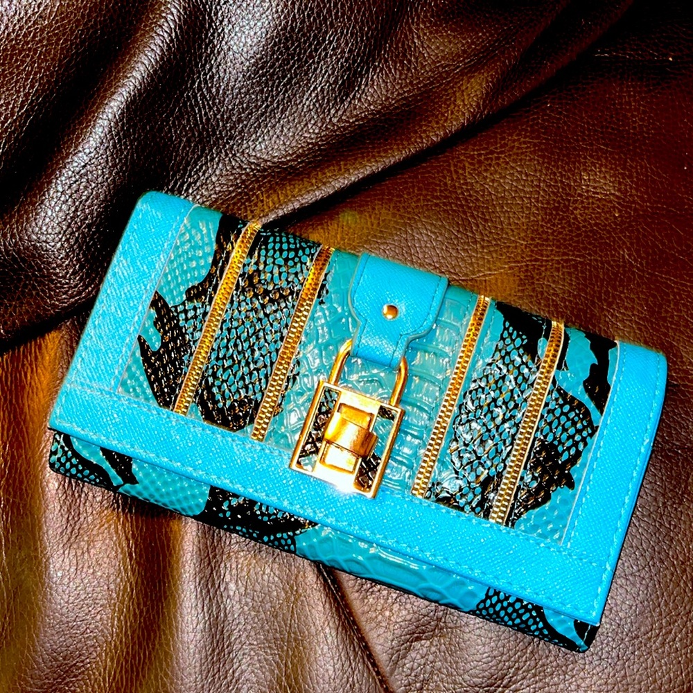 🩵BLUE Y2K CAMEO WALLET SNAKE ALLIGATOR PRINT ZIPPERED LOCK🩵